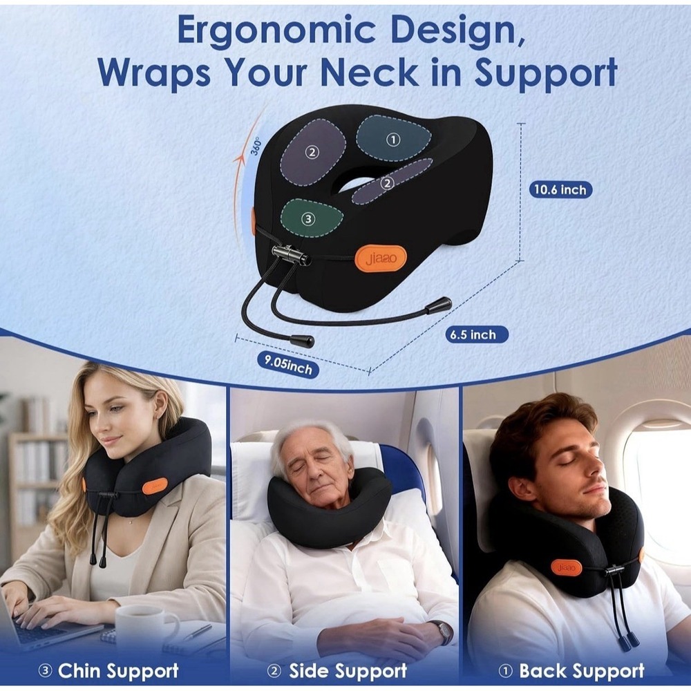 Jiaao Travel Pillow Memory Foam Neck Pillow for Airplanes with Adjustable Neck